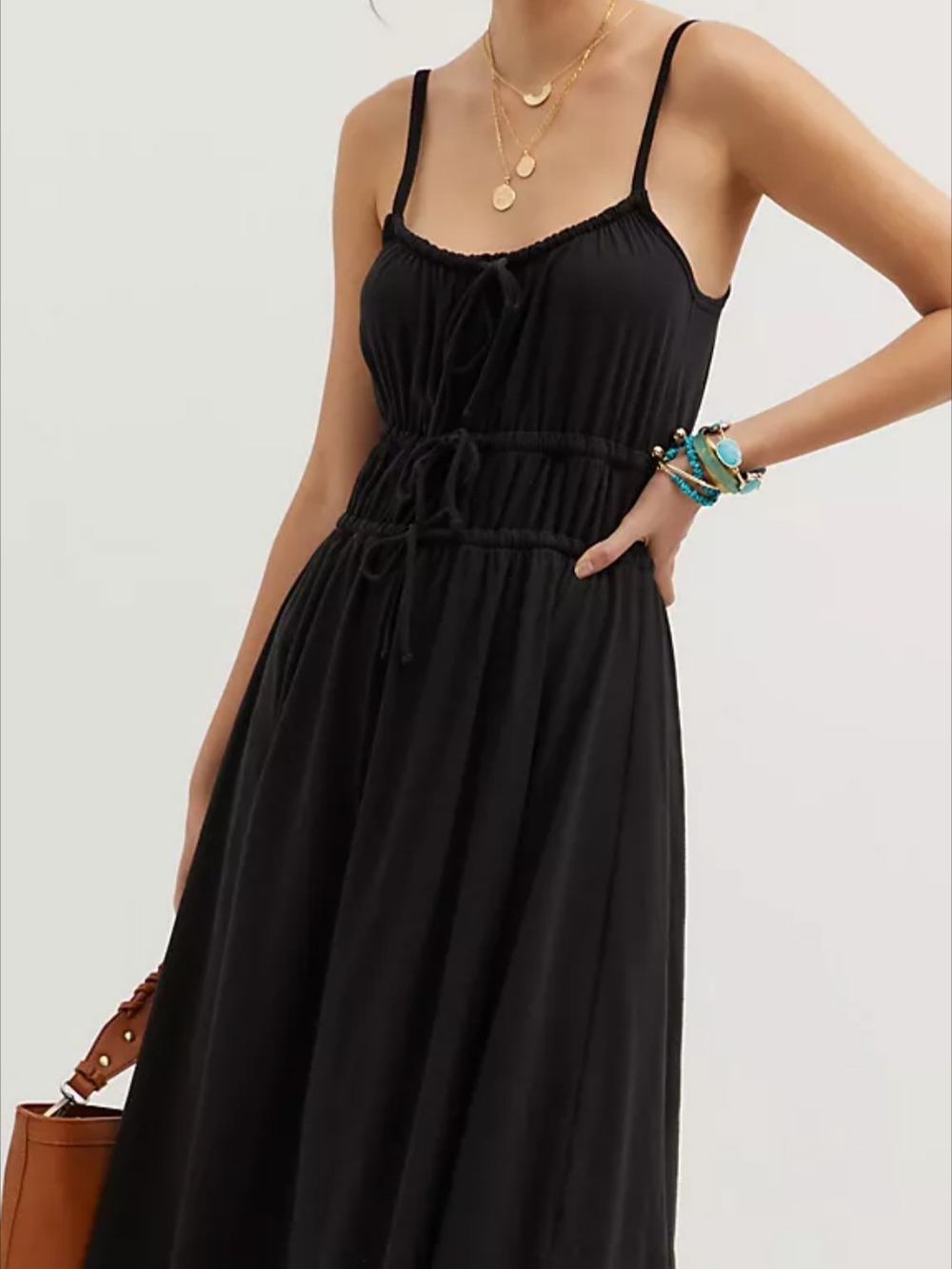 Anthropologie Black Spaghetti-Strap Maxi Dress with Drawstring Waist